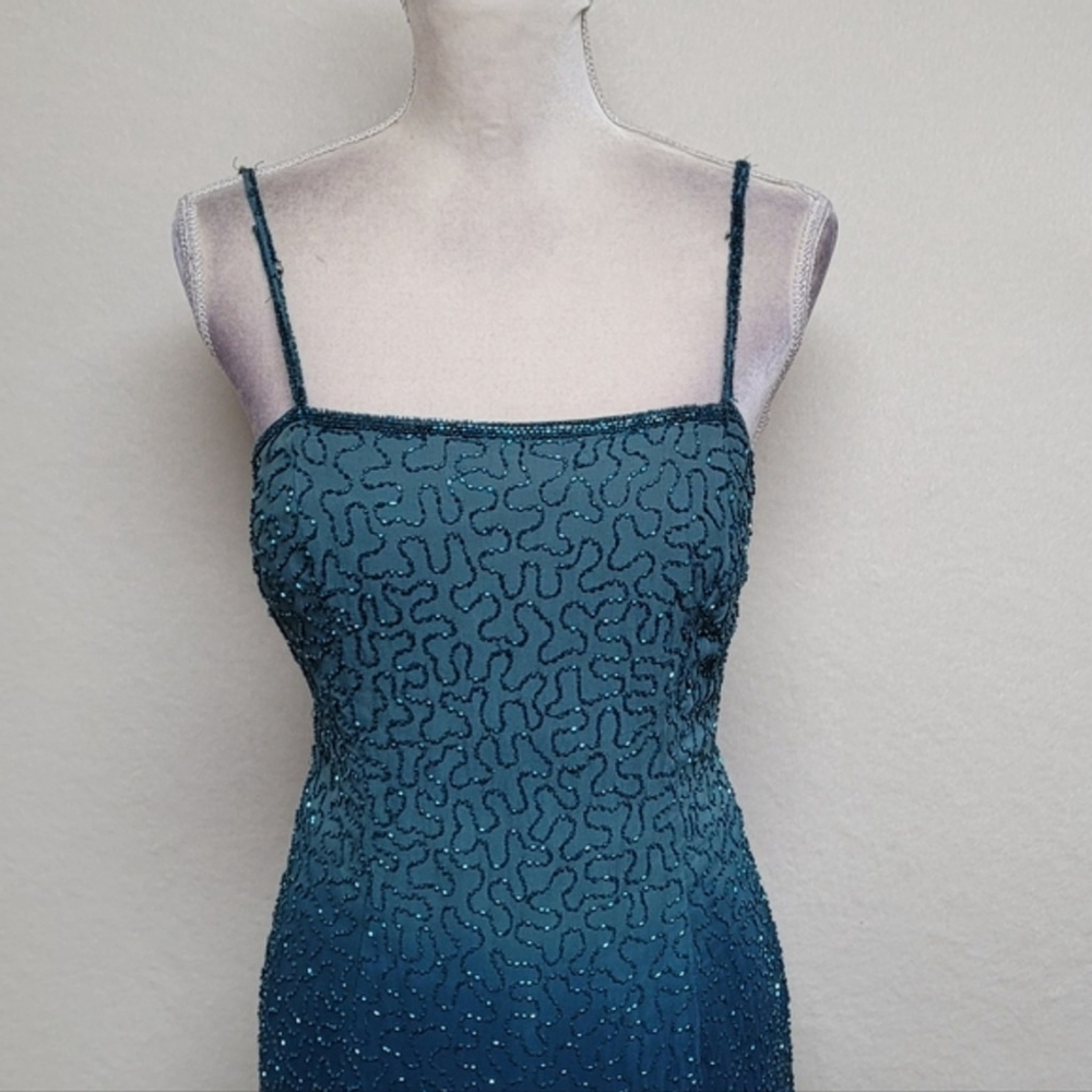 Laurence Kazar 90s Vintage Teal Ombre Beaded Silk Backless Maxi Formal Dress 8 - Picture 3 of 12